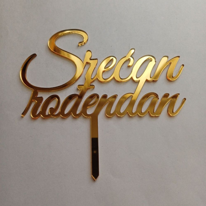 Akrilni toper „Srećan Rođendan“ – Zlatno ogledalo sa nosačem AZ-01023