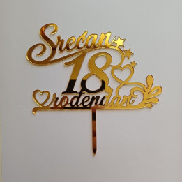 Akrilni toper „Srećan 18. rođendan“ – Zlatno ogledalo sa nosačem AZ-01027