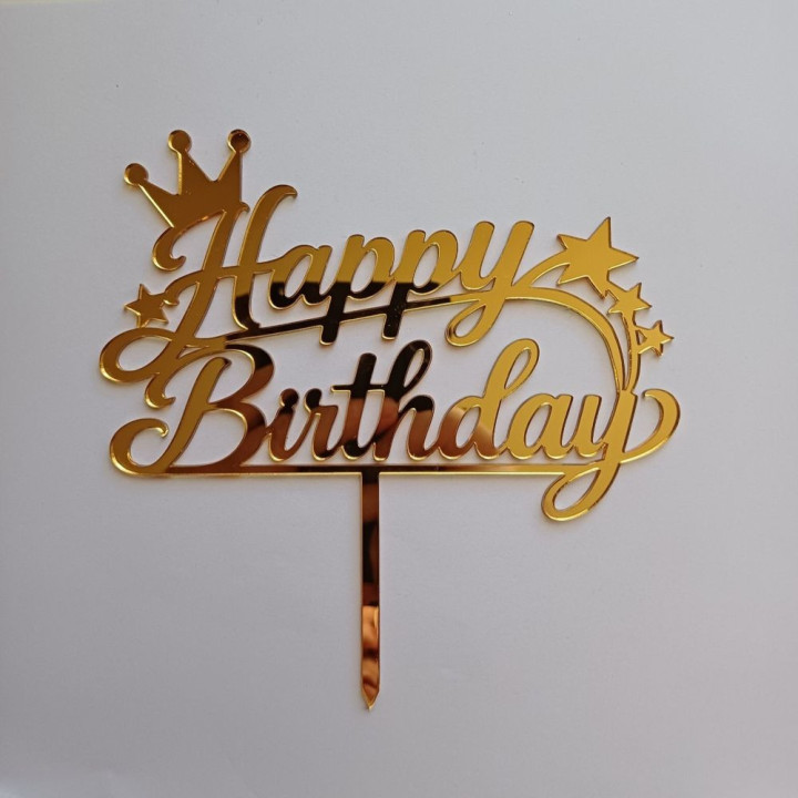 Akrilni toper „Happy Birthday sa krunom“ – Zlatno ogledalo sa nosačem AZ-01026